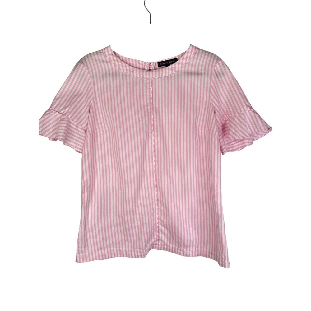 Banana Republic Pink & White Striped Short Sleeve Ruffle Top S 100% Cotton